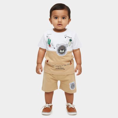 Infants' Beige Cotton Round Neck Printed and Applique Baba Suit