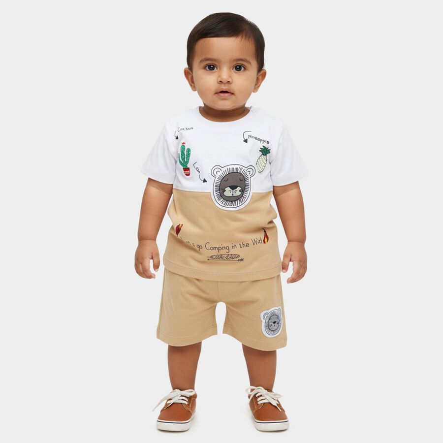Infants' Beige Cotton Round Neck Printed and Applique Baba Suit, गहरा पीला, large