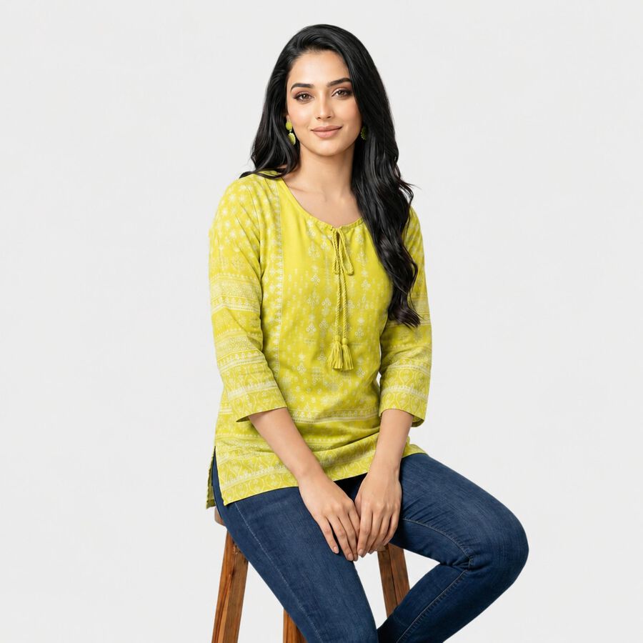 Women's Yellow Round Neck Printed Straight Kurti, Yellow, large
