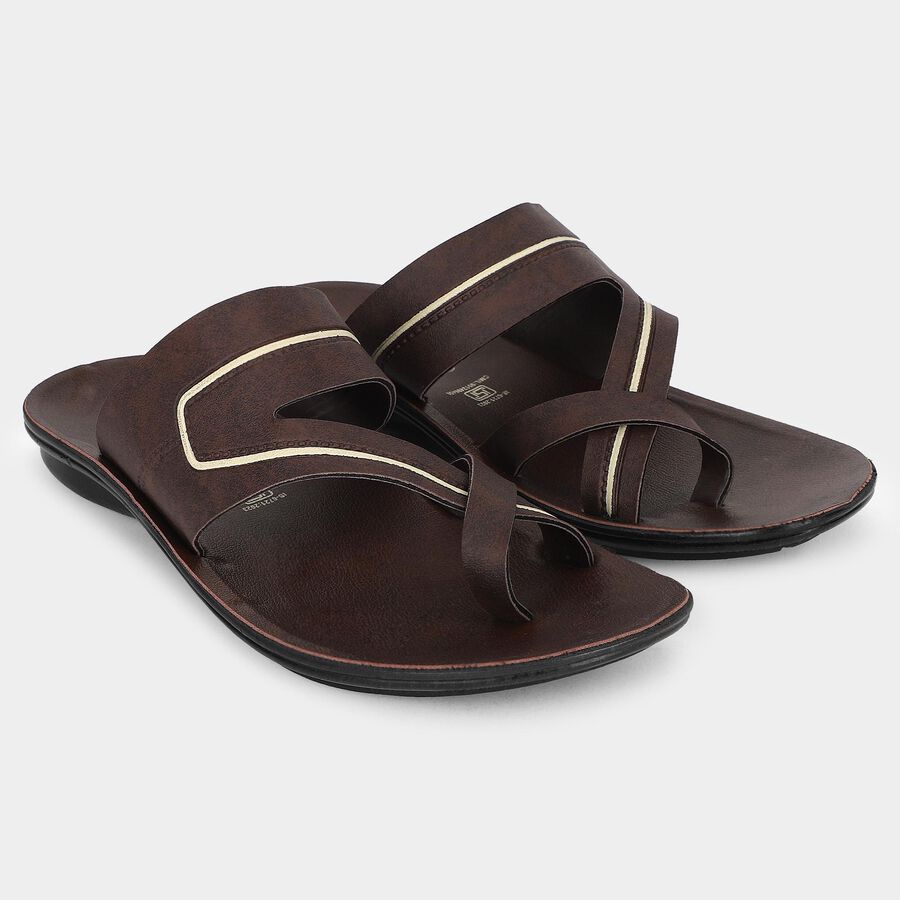 Men's Brown Strappy Slip-On Sandals, भूरा, large