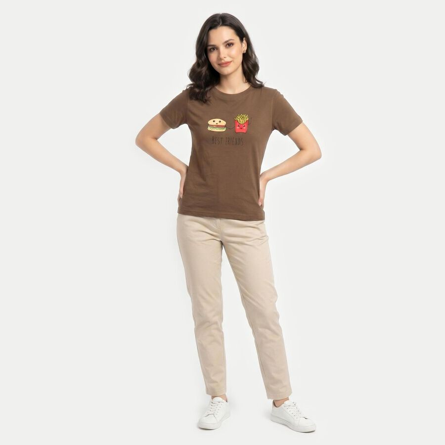 Women's Brown Cotton Round Neck Regular T-Shirt, Brown, large