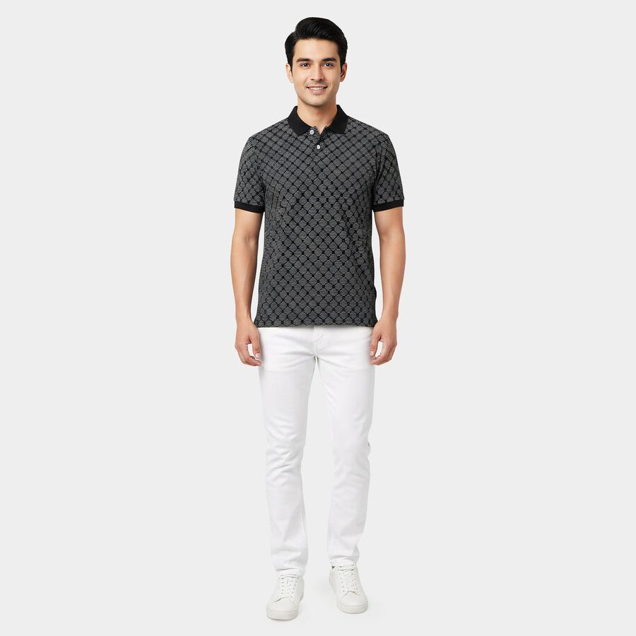Men's Navy Blue Cotton Polo Neck Printed T-Shirt, नेवी ब्लू, large