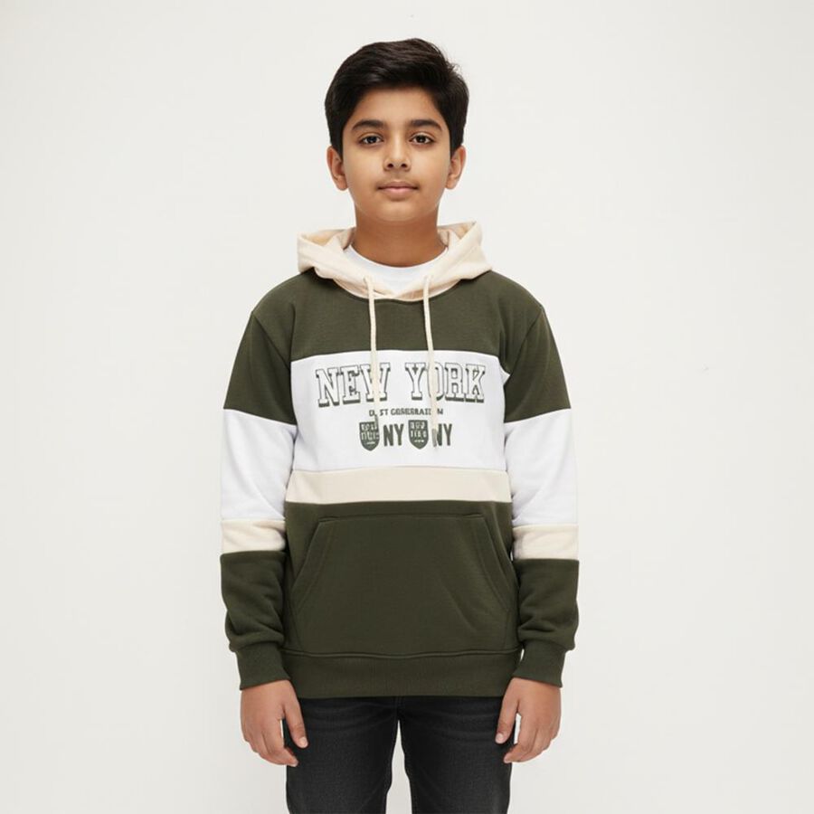 Boys Muted Olive Green Hooded Neck Casual Sweatshirt, ओलिव, large image number null