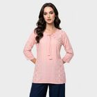 Women's Pink Round Neck Embroidered Kurti, Light Pink, small