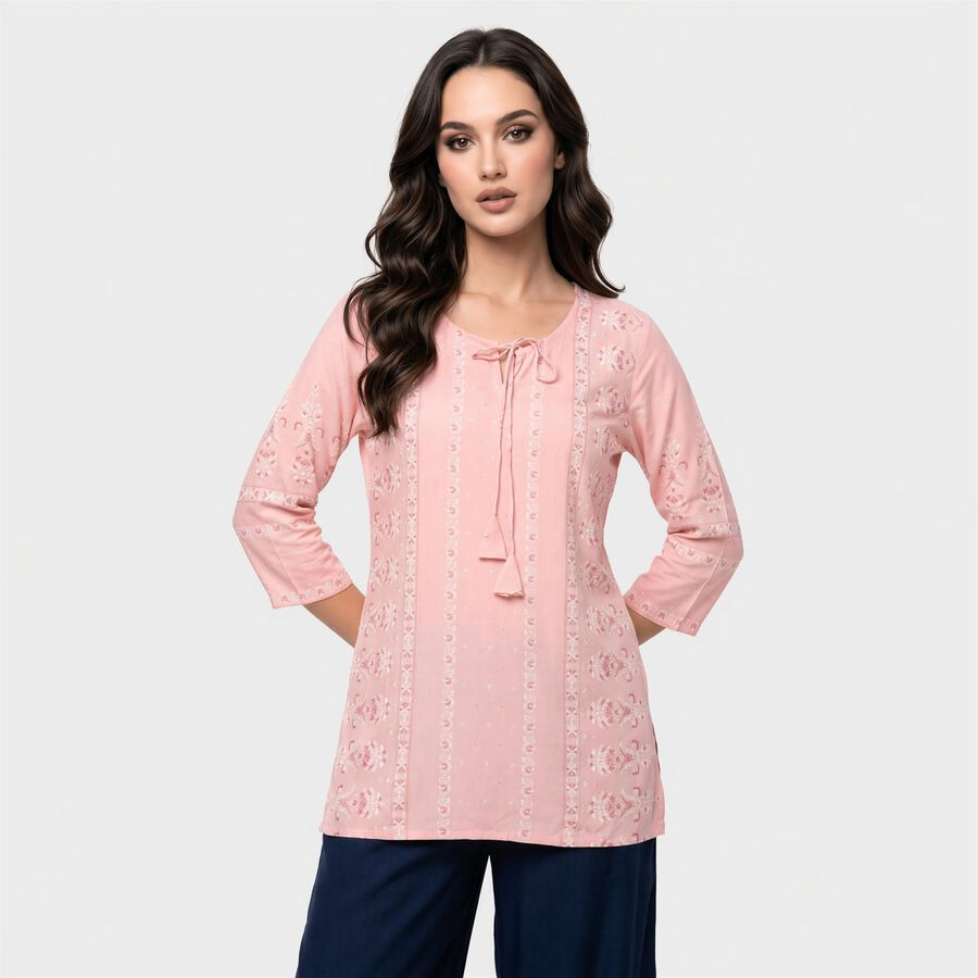 Women's Pink Round Neck Embroidered Kurti, Light Pink, large