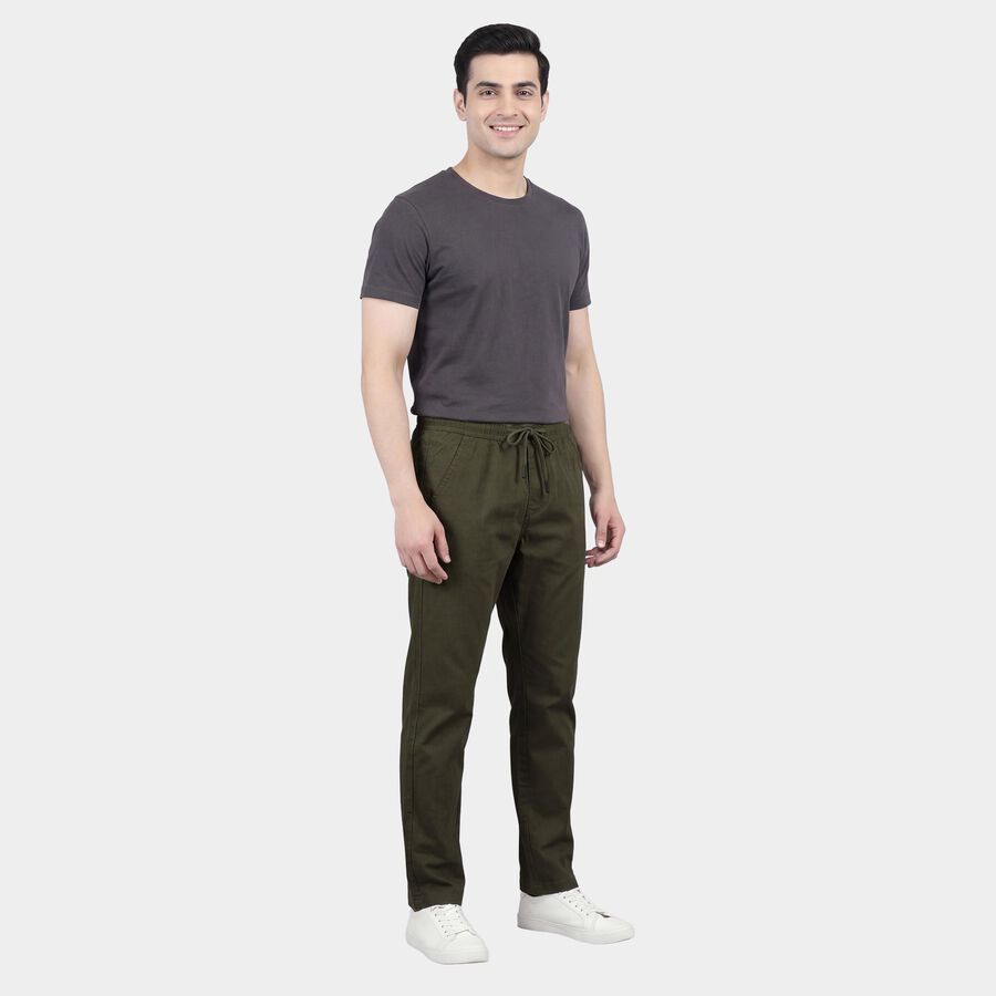 Men's Olive Slim Fit Flat-Front Casual Trousers, ओलिव, large