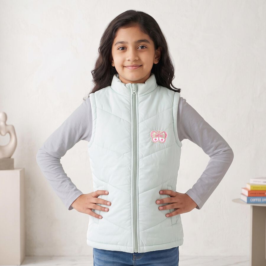 Girls' Mint Green Stand Collar Puffer Jacket, Light Green, large