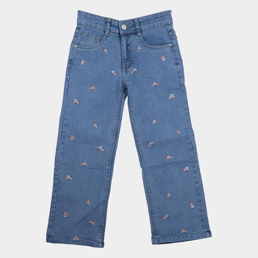 Girls' Light Blue Straight Fit Embroidered Jeans, मिश्रित नीला, large