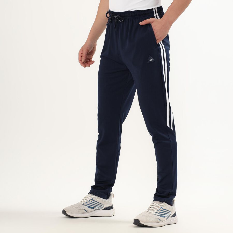 Men's Deep Midnight Navy Slim Fit Side-Striped Track Pants, Dark Blue, large image number null