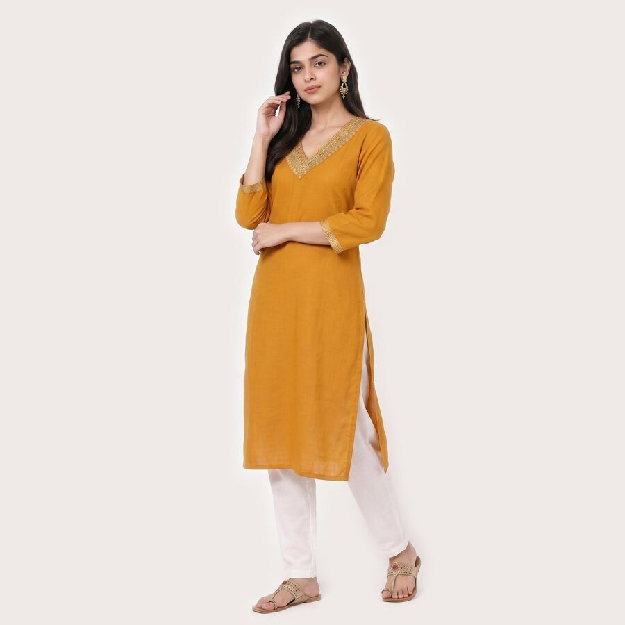 Women's Mustard V-Neck Embroidered Kurta, Yellow, large