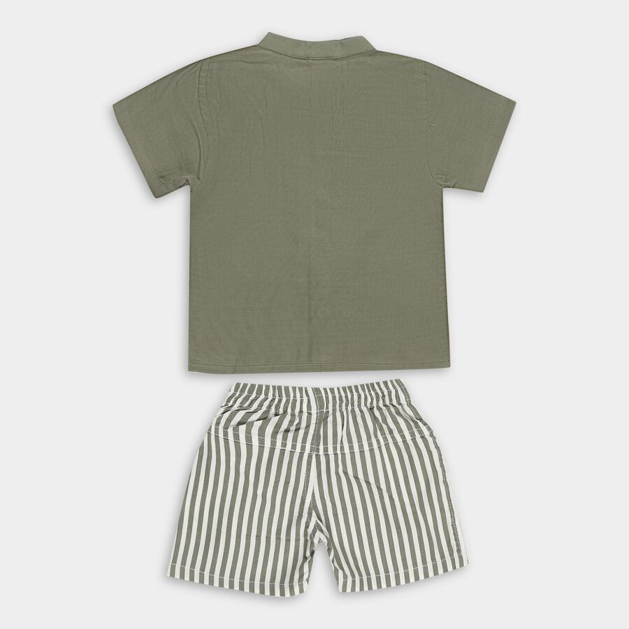 Infants' Olive Cotton Mandarin Collar Striped Baba Suit, Olive, large