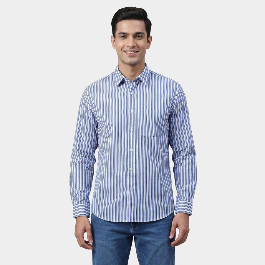 Men's Blue Cotton Classic Collar Casual Shirt, Mid Blue, large