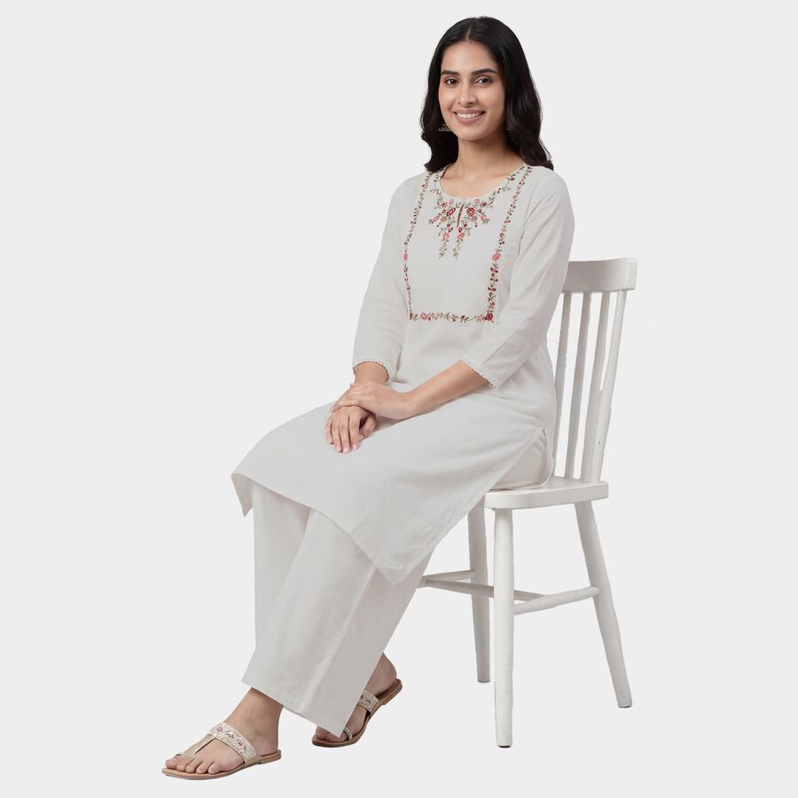 Women's White Cotton Notch Neck Floral Printed Kurta, सफ़ेद, large