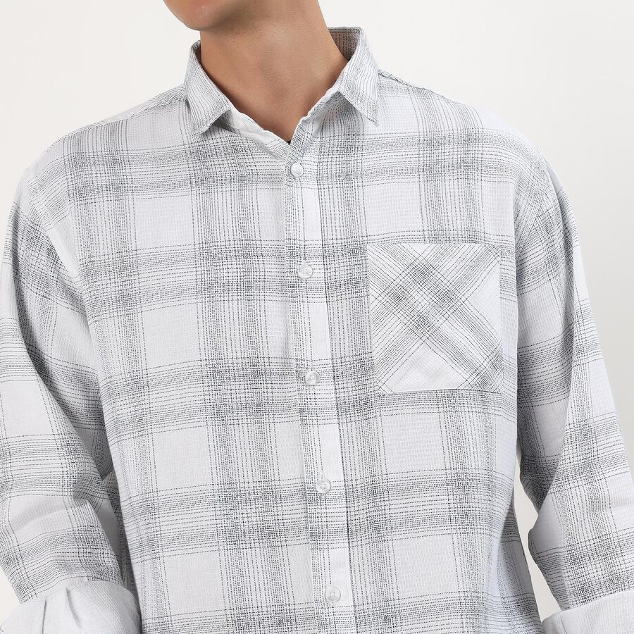 Men's White Cotton Full Sleeve Classic Collar Checkered Shirt, Off White, large