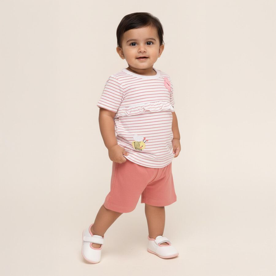 Infant Muted Pink and White Cotton Striped Top Casual Shorts Set, Light Pink, large image number null
