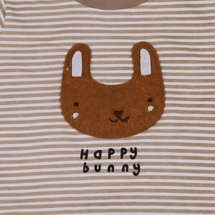 Infants' Beige Cotton Round Neck Bunny Applique Baba Suit, Beige, large