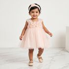 Infants' Peach Fit and Flare Floral Applique Party Wear Frock, पीच, small
