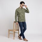 Men's Olive Green Cotton Mandarin Collar Floral Printed Kurta, ओलिव, small