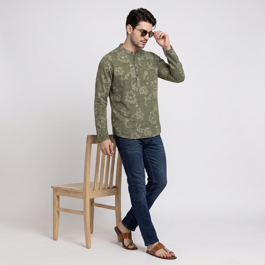 Men's Olive Green Cotton Mandarin Collar Floral Printed Kurta, ओलिव, large