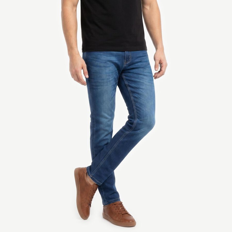 Men's Blue Slim Fit Washed Jeans, Dark Blue, large