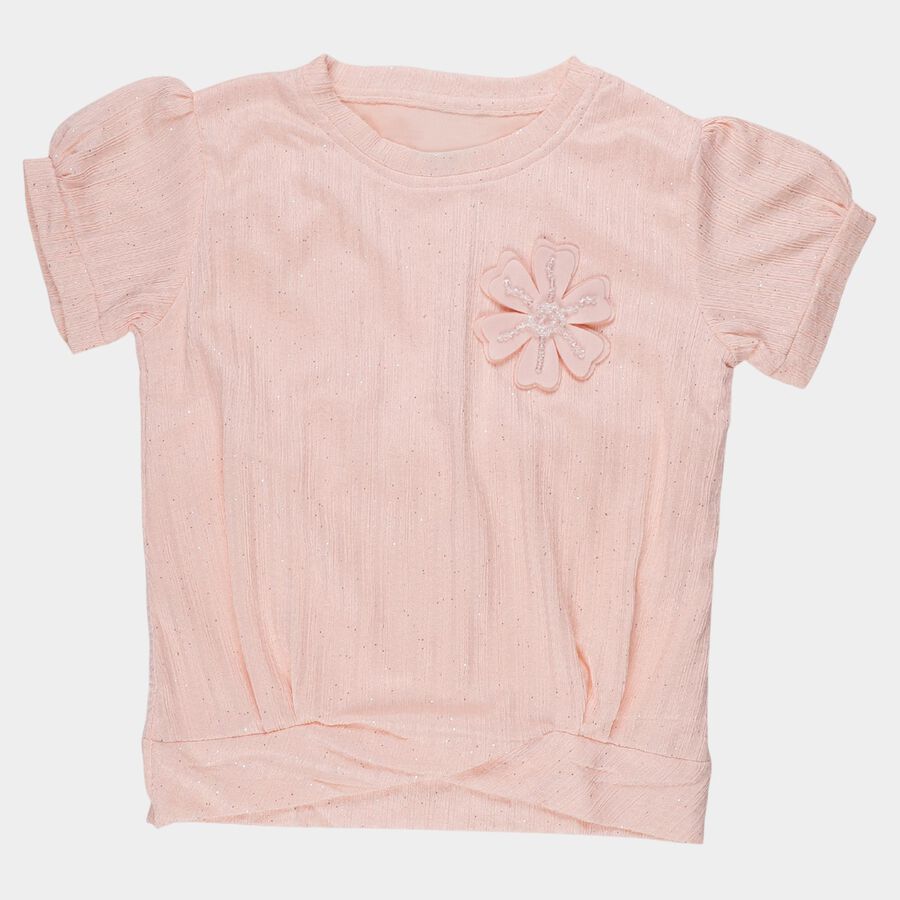 Girls Peach Round Neck Casual T-Shirt, Peach, large