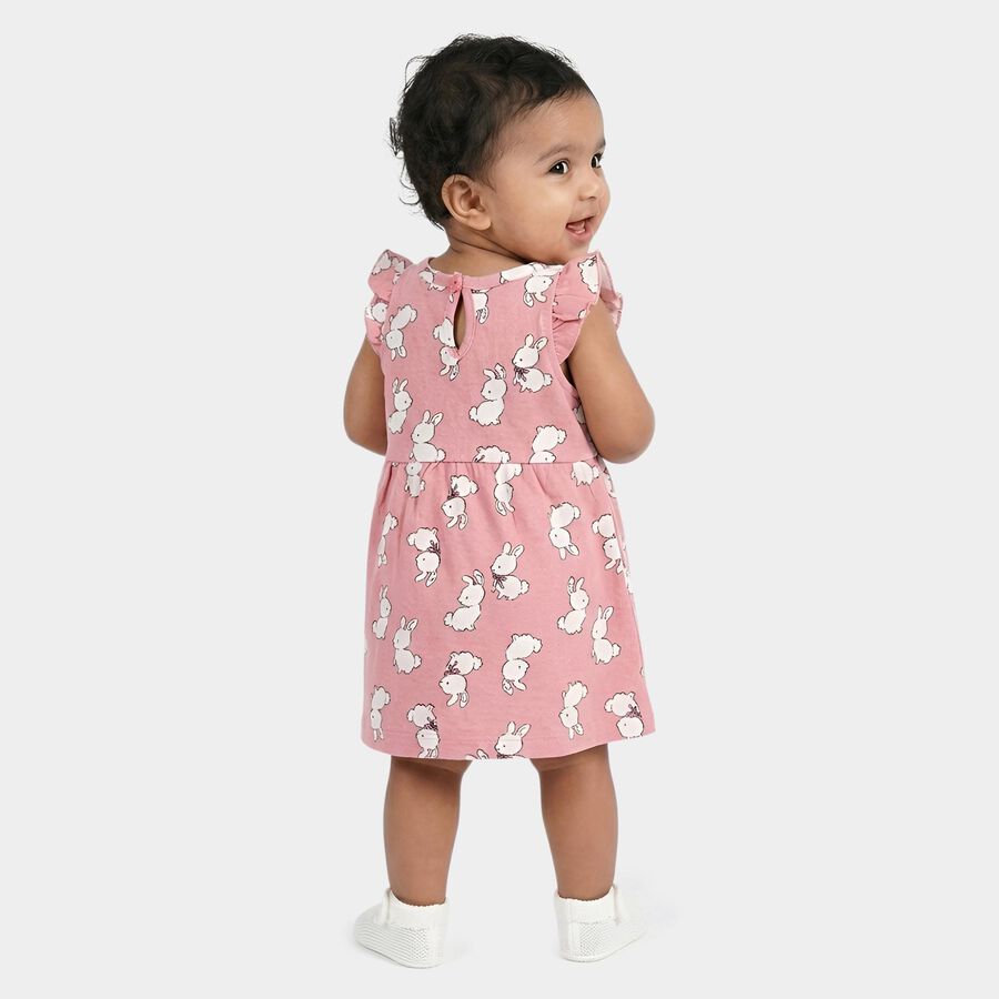 Infants' Pink Regular Fit Bunny Printed Ruffled Sleeve Frock, Light Pink, large
