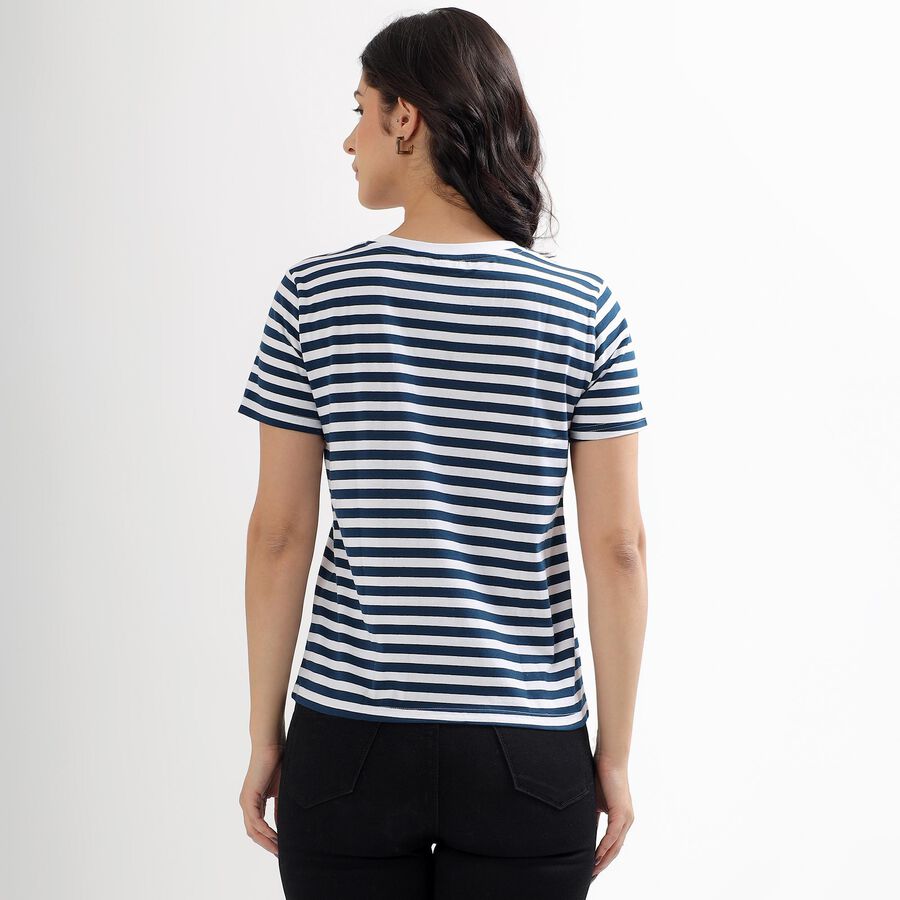 Women's Deep Midnight Navy Round Neck Striped T-Shirt, Navy Blue, large image number null