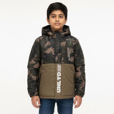 Boys Olive Hooded Camouflage Winter Jacket