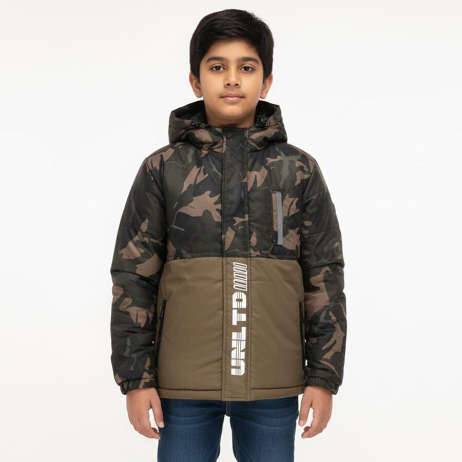 Boys Olive Hooded Camouflage Winter Jacket, Olive, large image number null