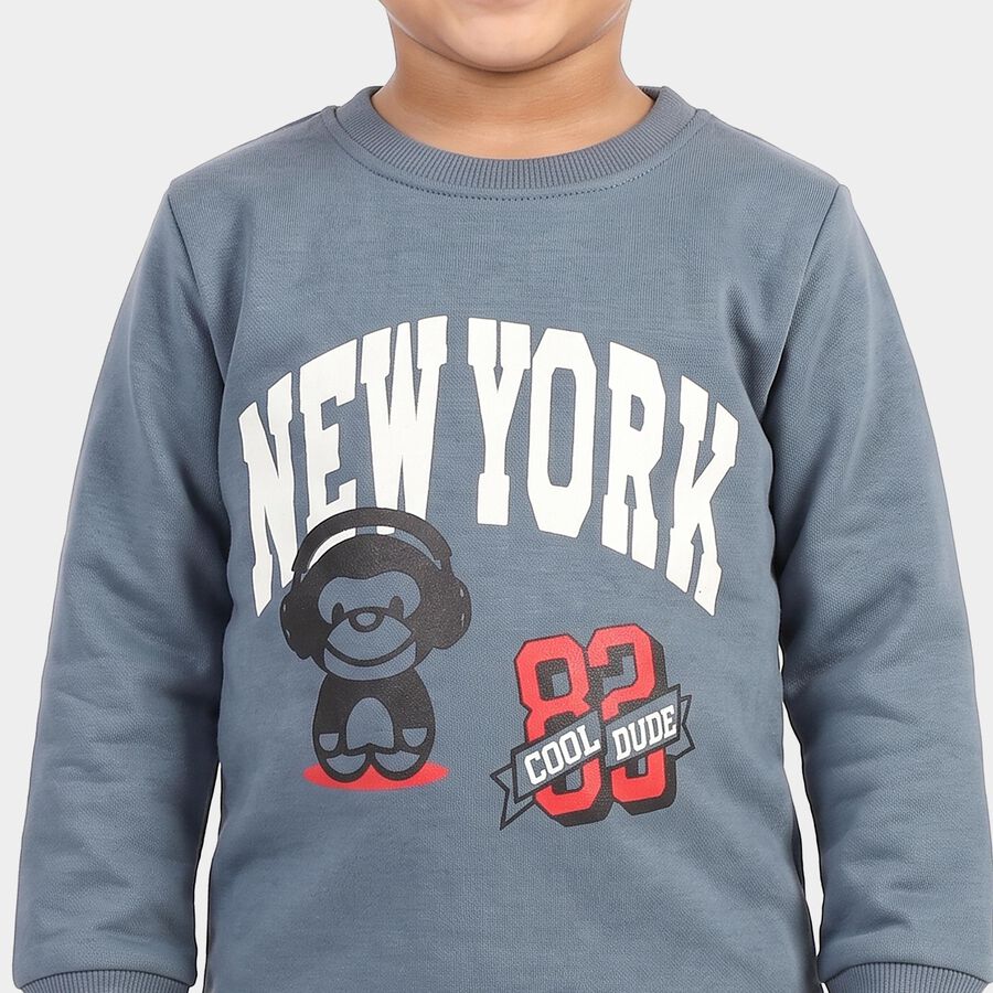 Boys Blue Crew Neck Graphic Print Baba Suit, Mid Blue, large