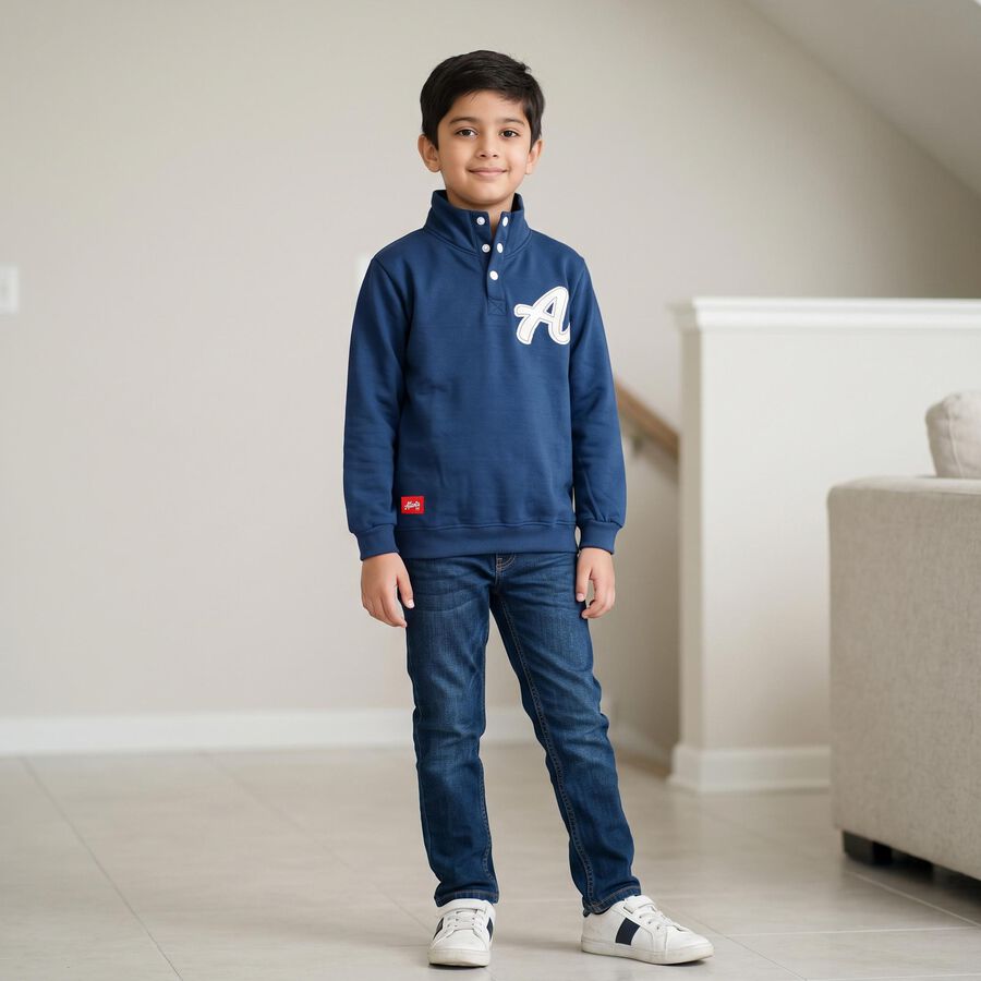 Boys Blue High Neck Pullover Sweatshirt, Mid Blue, large