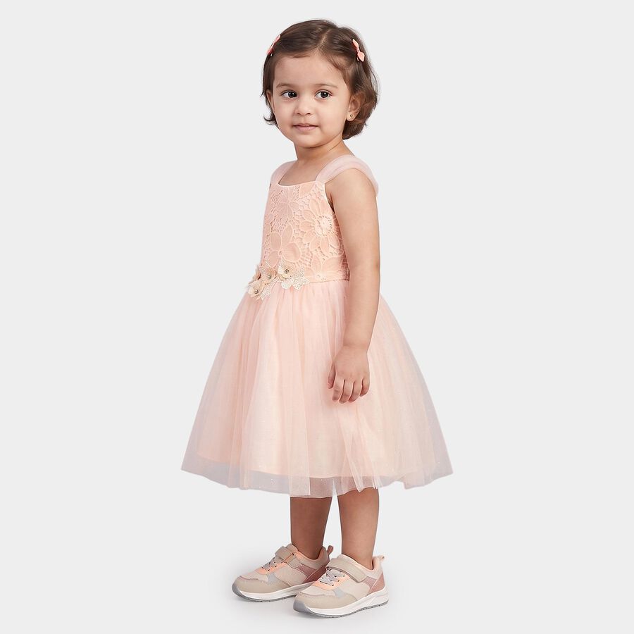 Girls' Light Pink Fit and Flare Floral Applique Party Wear Frock, Light Pink, large