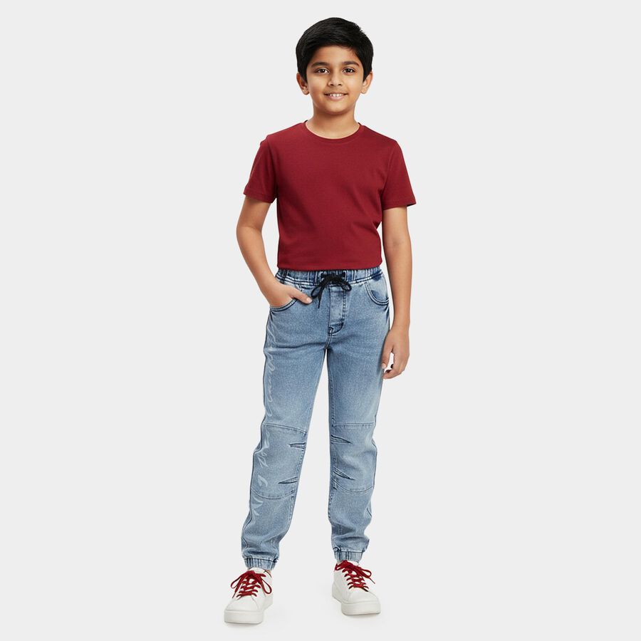 Boys' Blue Regular Fit Washed Jeans, Mid Blue, large