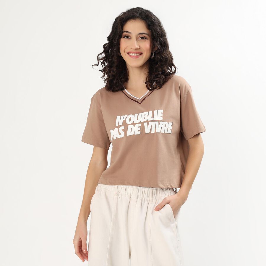 Women's Soft Beige Cotton Round Neck Casual T-Shirt, Beige, large
