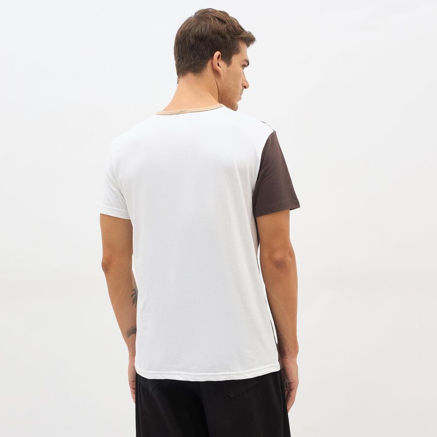 Men's Beige and White Henley Neck Printed T-Shirt, Brown, large image number null