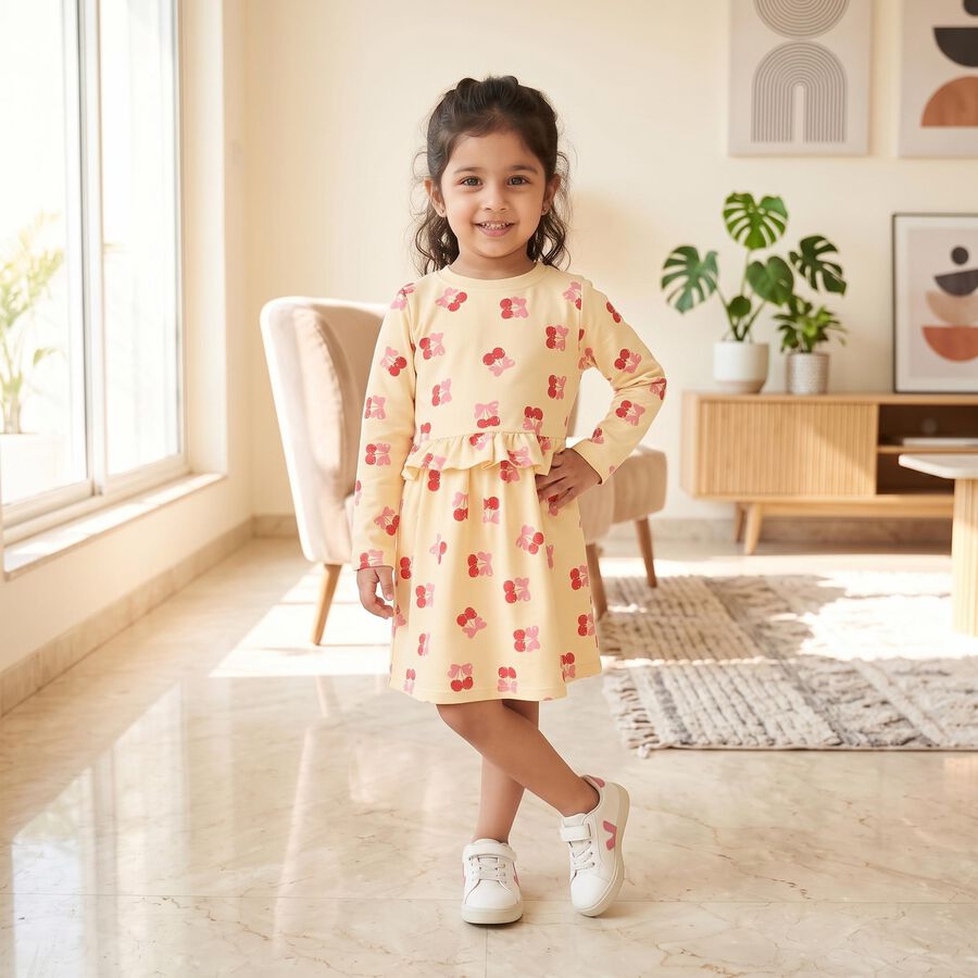 Girls' Cream Printed Fit and Flare Frock, Off White, large