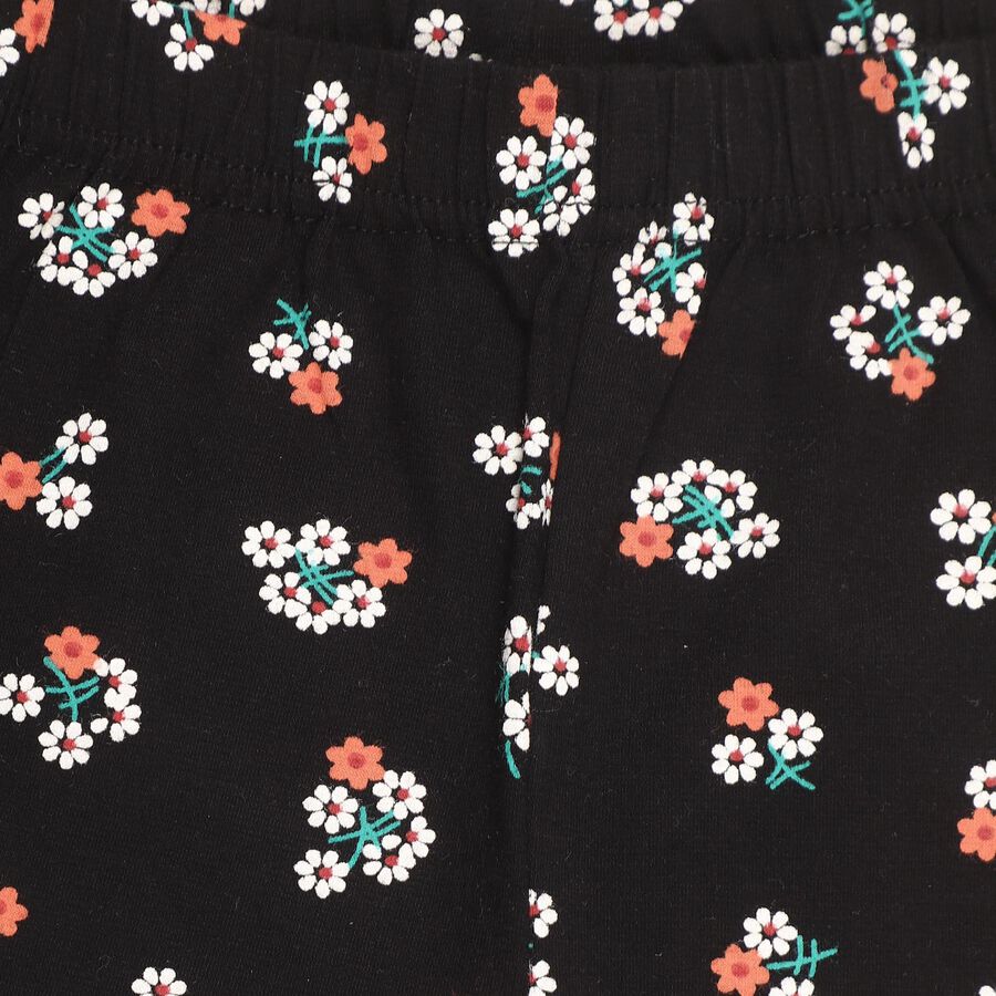 Girls' Jet Black Floral Printed Stretch Legging, काला, large image number null