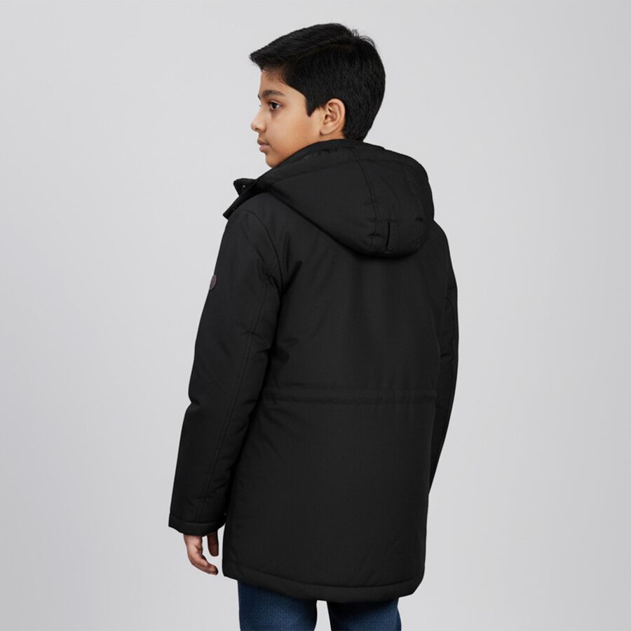 Boys Jet Black Hooded Casual Jacket, Black, large image number null