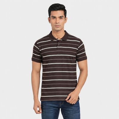 Men's Brown Cotton Polo Neck Striped T-Shirt