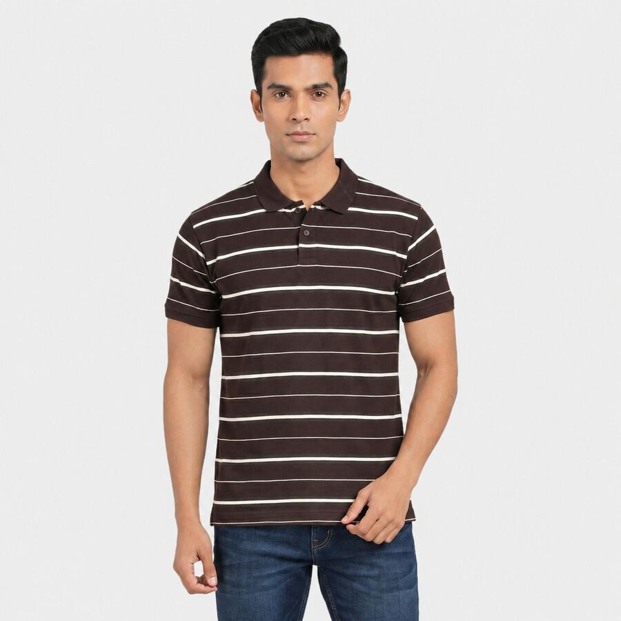 Men's Brown Cotton Polo Neck Striped T-Shirt, भूरा, large