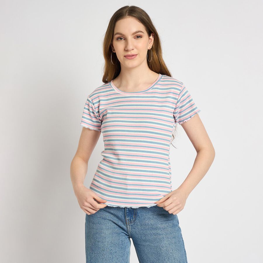 Ladies'  Stripes Round Neck T-Shirt, Light Pink, large