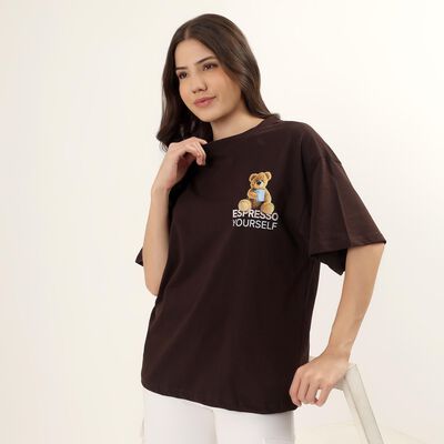 Women's Brown 100% Cotton Round Neck Minimalist T-Shirt