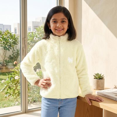 Girls' Cream High Neck Zip-Up Sweatshirt