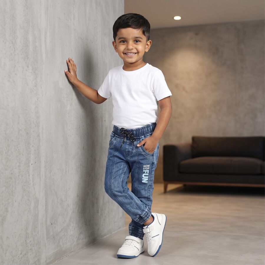 Boys Blue Jogger Fit Printed Jeans, Dark Blue, large