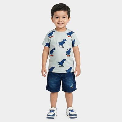 Boys Light Blue 100% Cotton Round Neck Solid Baba Suit
