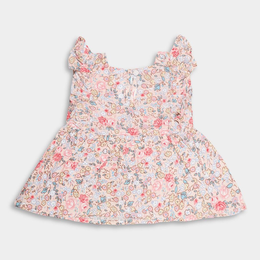 Girls' Peach Round Neck Sleeveless Floral Frock, Peach, large image number null