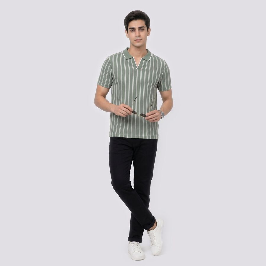 Men's Green Polo Neck Striped T-Shirt, Light Green, large