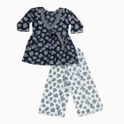 Girls' Deep Navy Blue Wrap-Style Floral Printed Kurta and Palazzo Fusion Set, Navy Blue, small