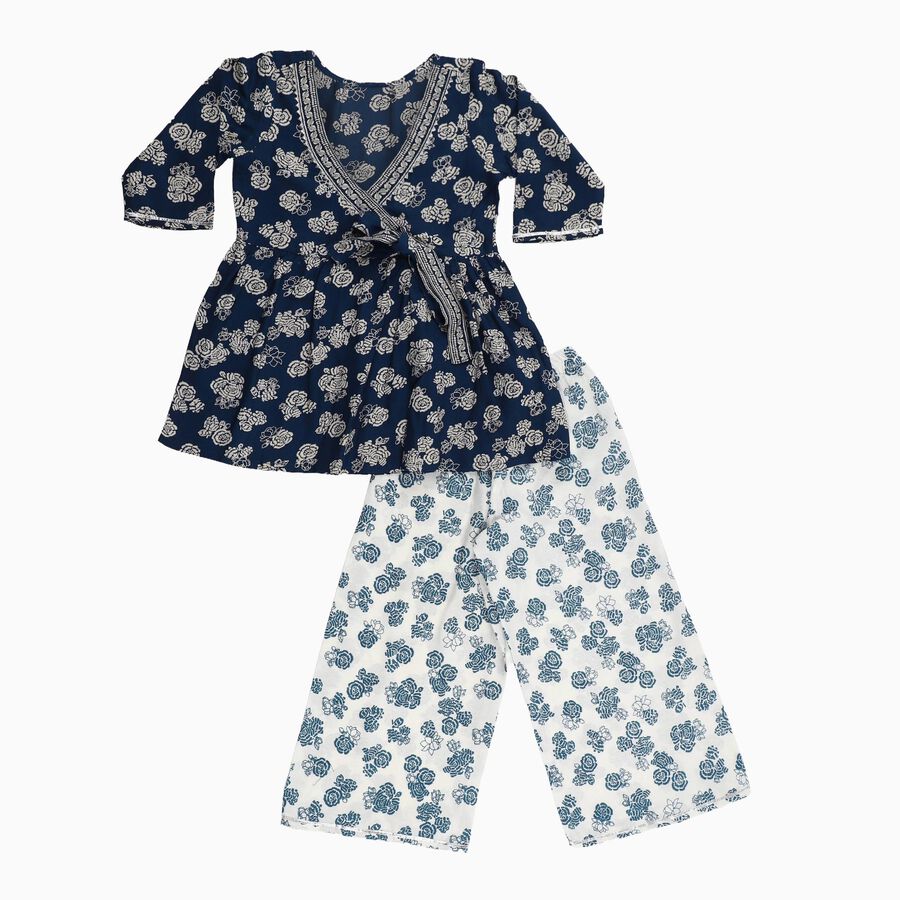 Girls' Deep Navy Blue Wrap-Style Floral Printed Kurta and Palazzo Fusion Set, Navy Blue, large