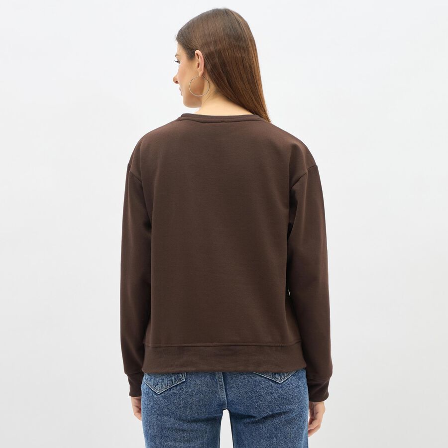 Women's Dark Chocolate Brown Crew Neck Casual Sweatshirt, Brown, large image number null